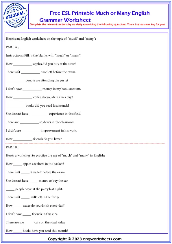 Free ESL Printable Much or Many English Grammar Worksheet Worksheet Preview